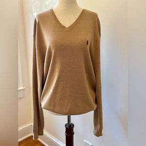 Ralph Lauren Women's V-Neck Sweater in Camel with Burgundy Logo